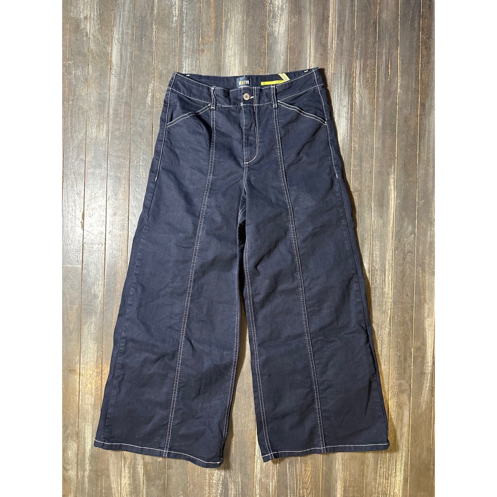 Maeve Anthropologie Wide Leg Pants Navy Blue Contrast Stitch High Rise Seam